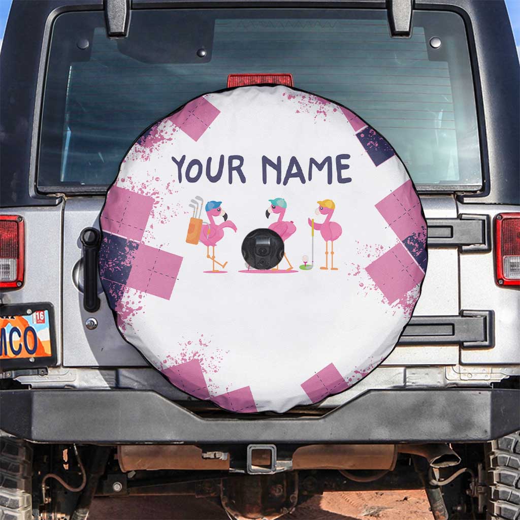 Golf Flamingo Friends Spare Tire Cover Pink Argyle Pattern and Custom Name Text on White and Rose Color Block TS04
