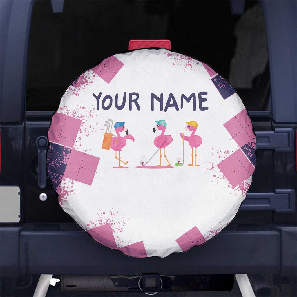 Golf Flamingo Friends Spare Tire Cover Pink Argyle Pattern and Custom Name Text on White and Rose Color Block TS04