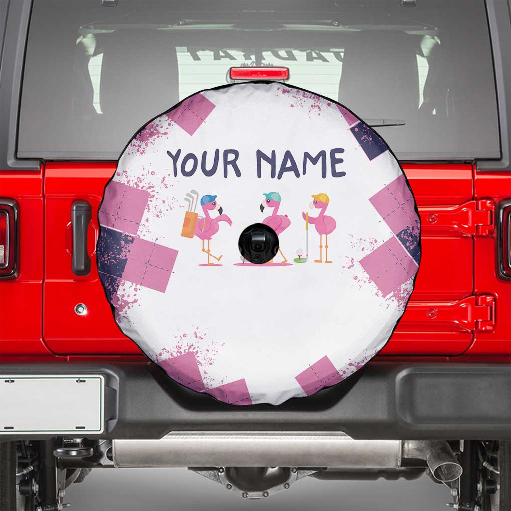 Golf Flamingo Friends Spare Tire Cover Pink Argyle Pattern and Custom Name Text on White and Rose Color Block TS04