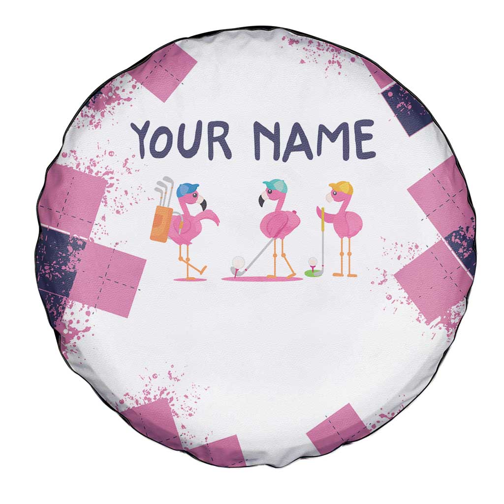 Golf Flamingo Friends Spare Tire Cover Pink Argyle Pattern and Custom Name Text on White and Rose Color Block TS04