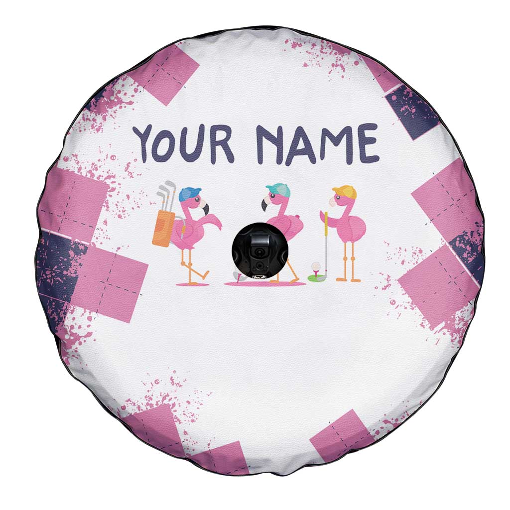 Golf Flamingo Friends Spare Tire Cover Pink Argyle Pattern and Custom Name Text on White and Rose Color Block TS04