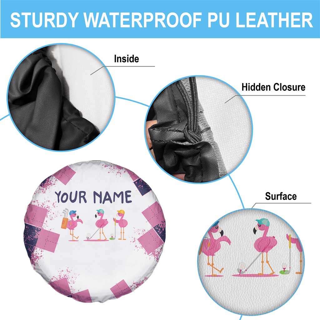 Golf Flamingo Friends Spare Tire Cover Pink Argyle Pattern and Custom Name Text on White and Rose Color Block TS04