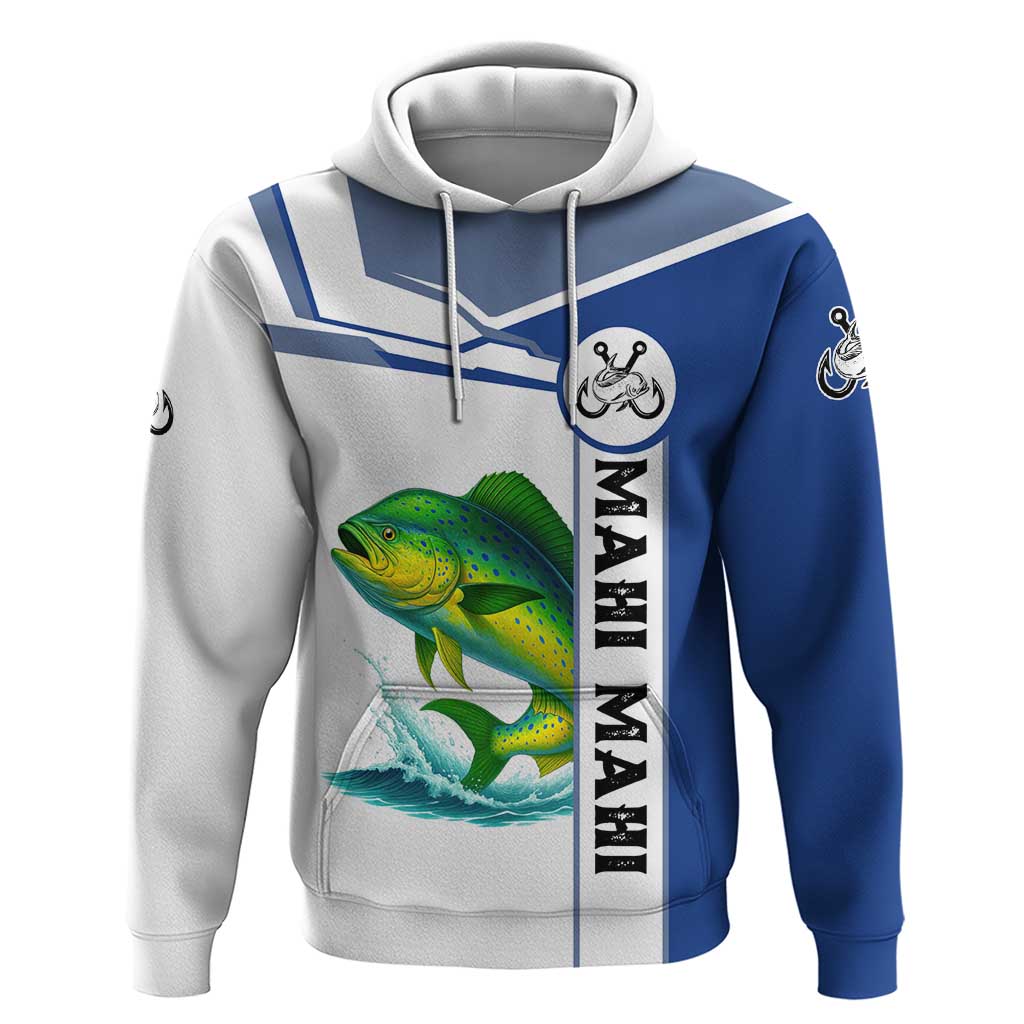 Mahi Mahi Fish Hoodie Nautical Anchors and Wave Splash on White and Blue Split Background TS04