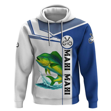 Mahi Mahi Fish Hoodie Nautical Anchors and Wave Splash on White and Blue Split Background TS04