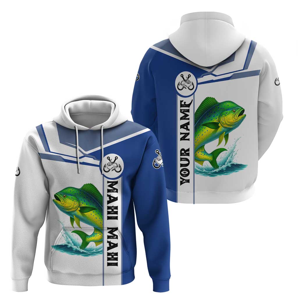 Mahi Mahi Fish Hoodie Nautical Anchors and Wave Splash on White and Blue Split Background TS04