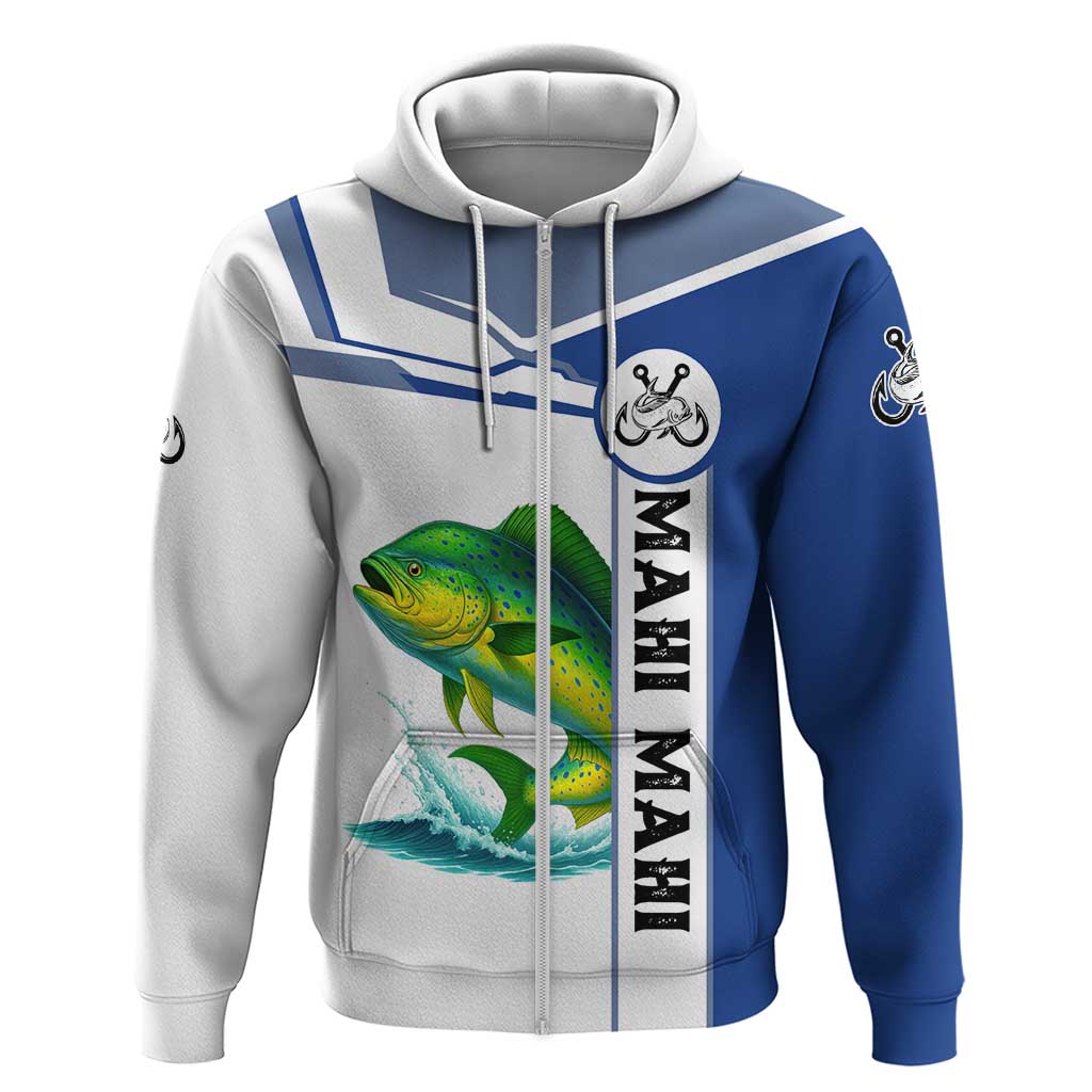 Mahi Mahi Fish Hoodie Nautical Anchors and Wave Splash on White and Blue Split Background TS04