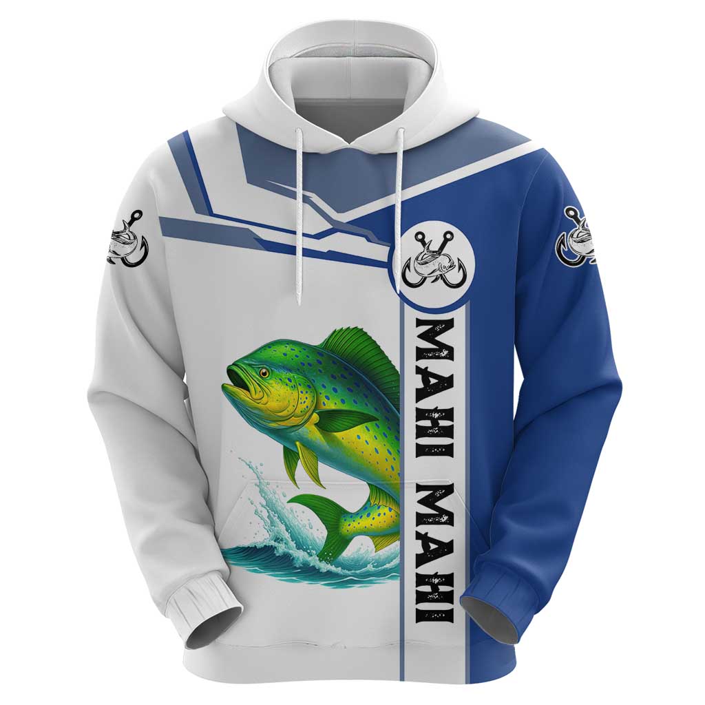 Mahi Mahi Fish Hoodie Nautical Anchors and Wave Splash on White and Blue Split Background TS04