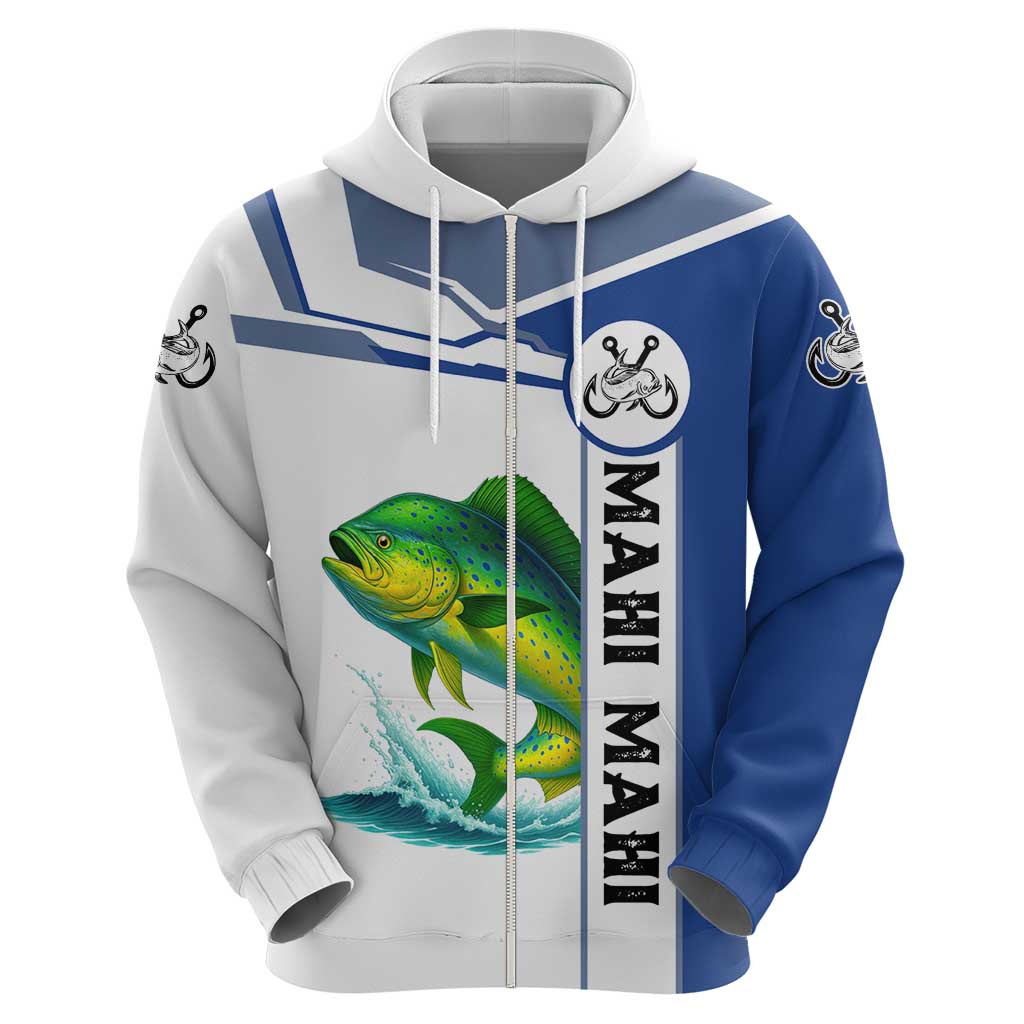 Mahi Mahi Fish Hoodie Nautical Anchors and Wave Splash on White and Blue Split Background TS04