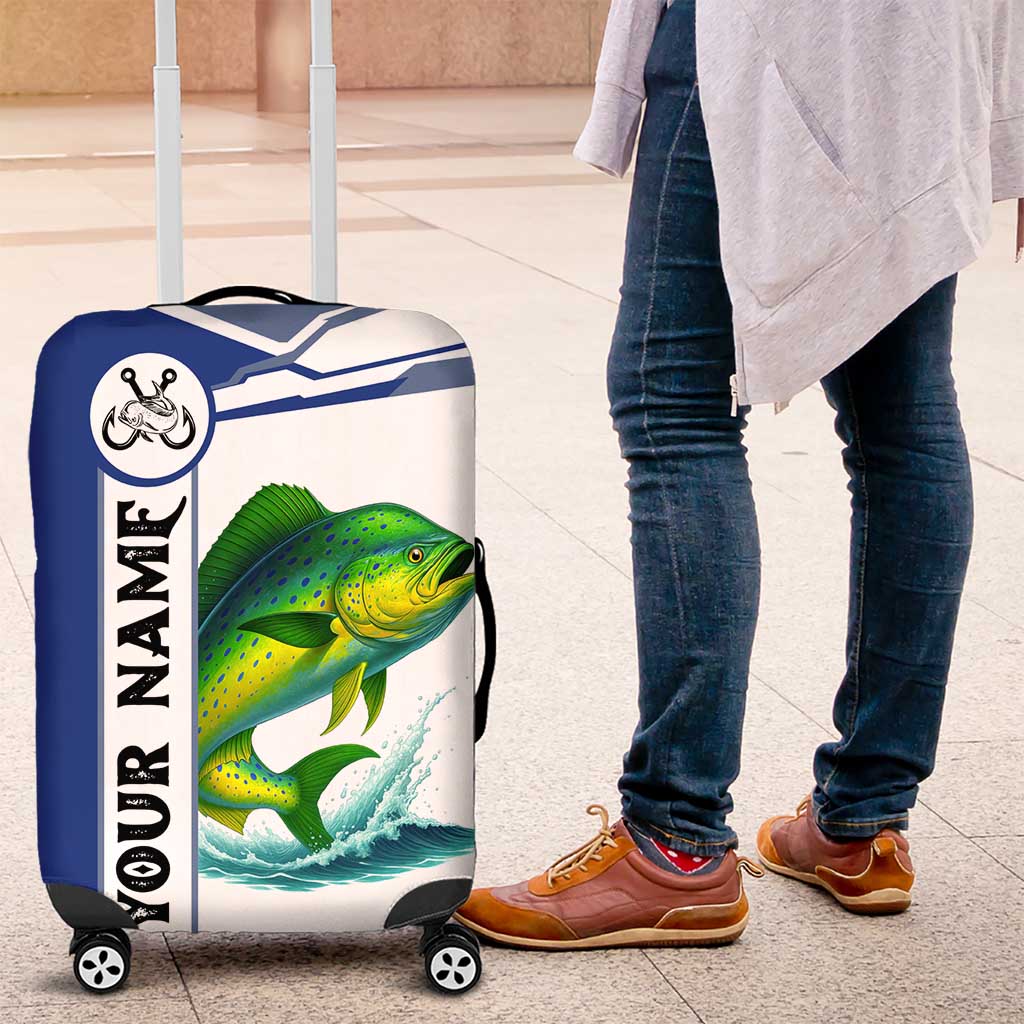Mahi Mahi Fish Luggage Cover Nautical Anchors and Wave Splash on White and Blue Split Background TS04