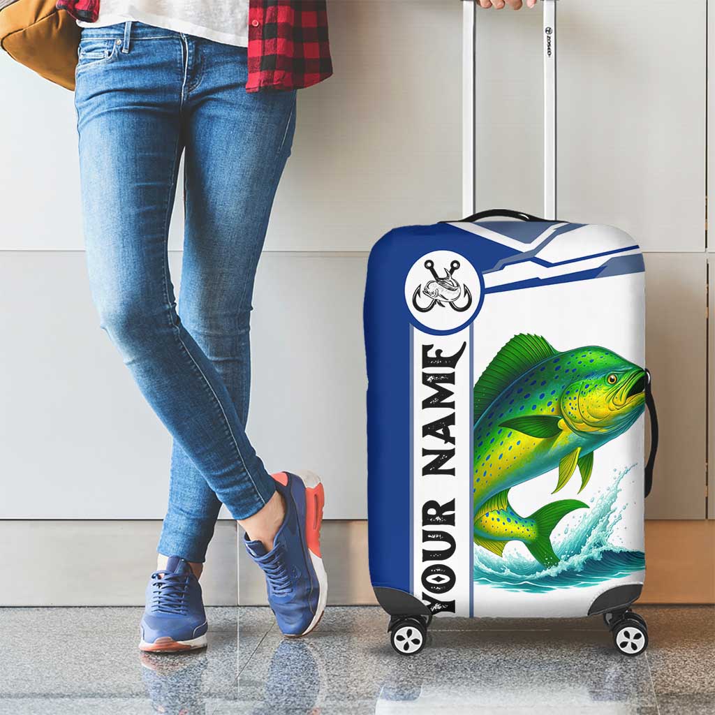 Mahi Mahi Fish Luggage Cover Nautical Anchors and Wave Splash on White and Blue Split Background TS04
