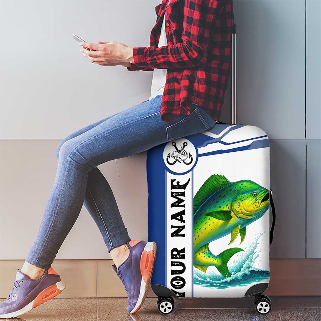 Mahi Mahi Fish Luggage Cover Nautical Anchors and Wave Splash on White and Blue Split Background TS04