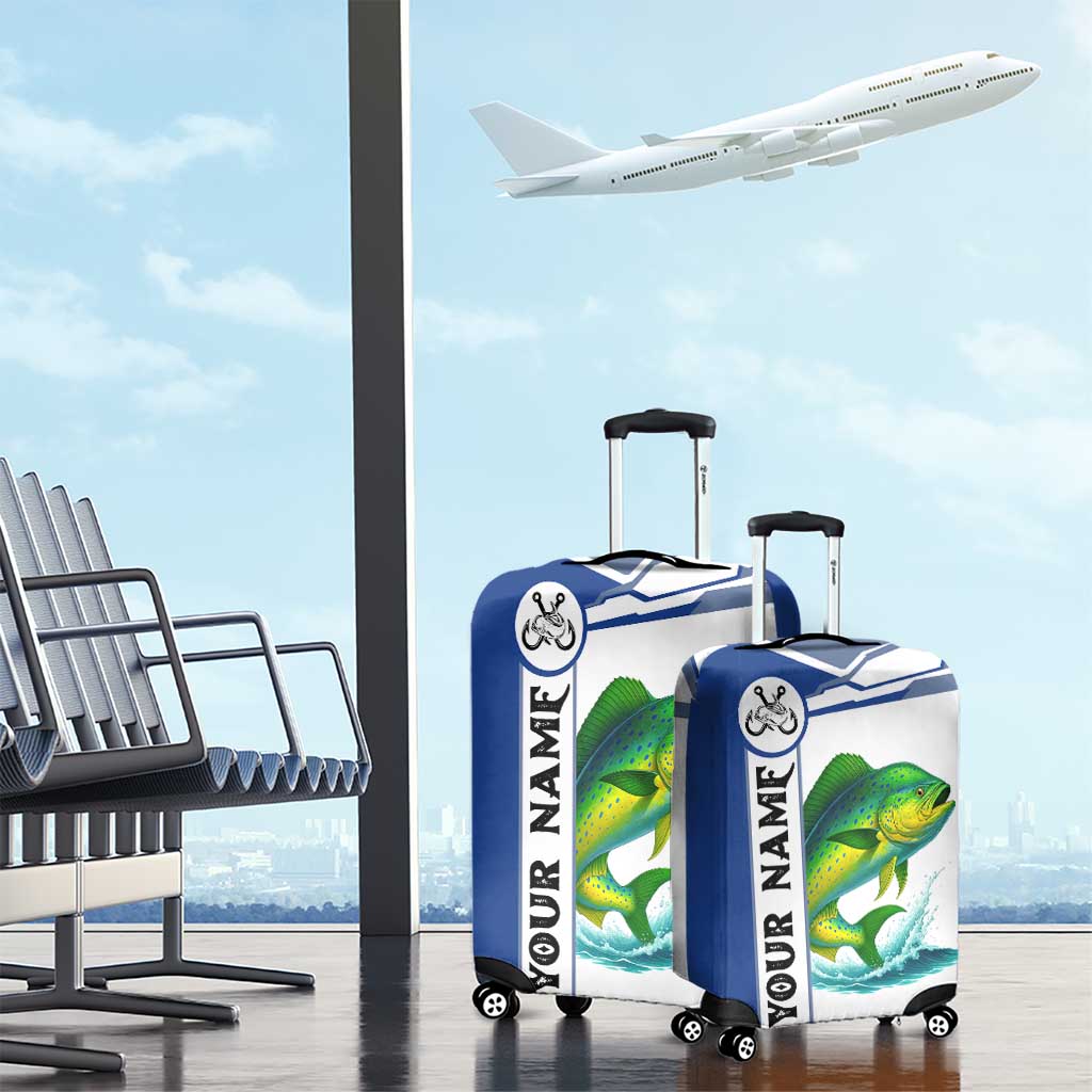Mahi Mahi Fish Luggage Cover Nautical Anchors and Wave Splash on White and Blue Split Background TS04