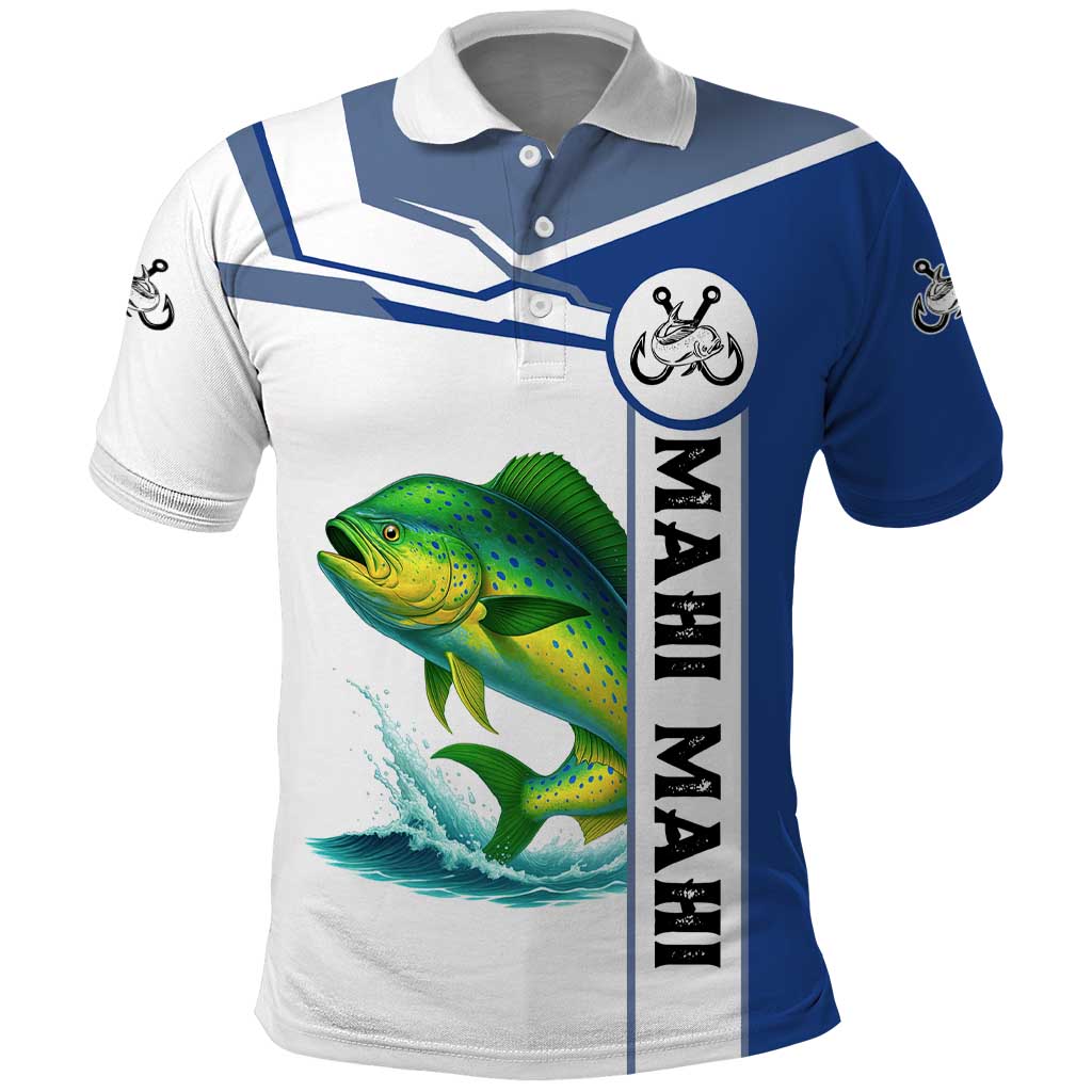 Mahi Mahi Fish Polo Shirt Nautical Anchors and Wave Splash on White and Blue Split Background TS04