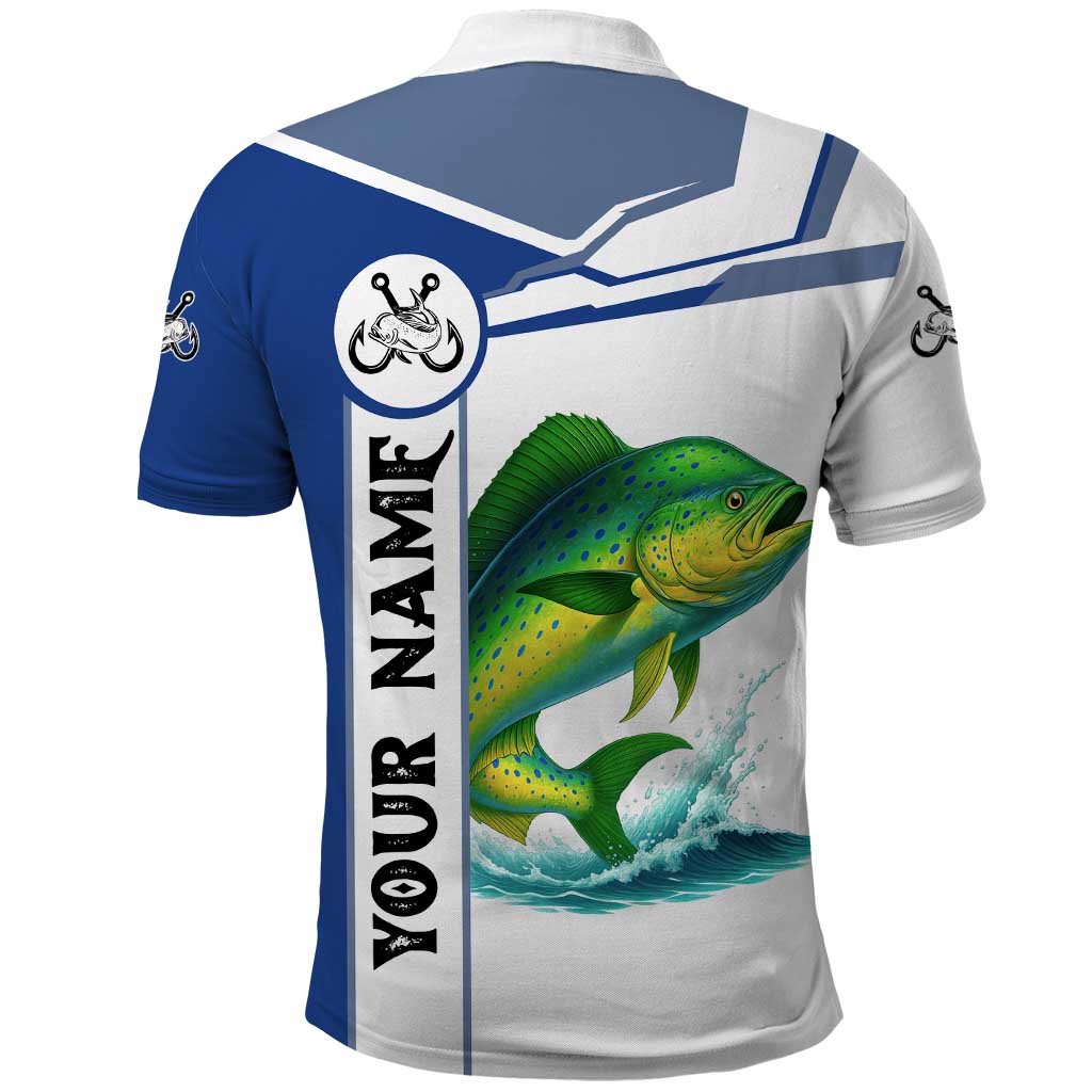 Mahi Mahi Fish Polo Shirt Nautical Anchors and Wave Splash on White and Blue Split Background TS04