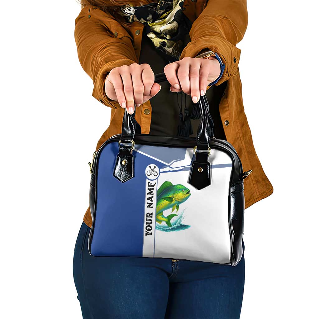Mahi Mahi Fish Shoulder Handbag Nautical Anchors and Wave Splash on White and Blue Split Background TS04