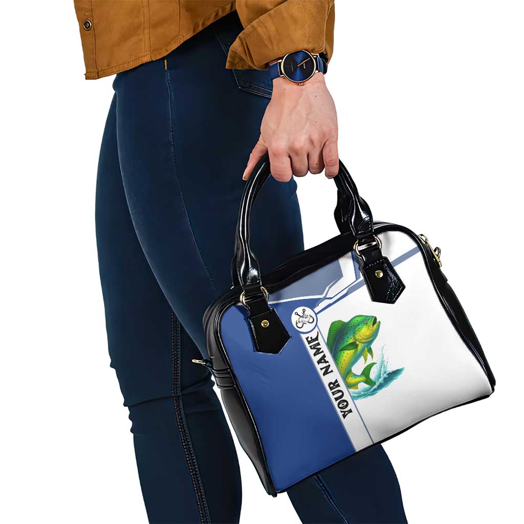 Mahi Mahi Fish Shoulder Handbag Nautical Anchors and Wave Splash on White and Blue Split Background TS04