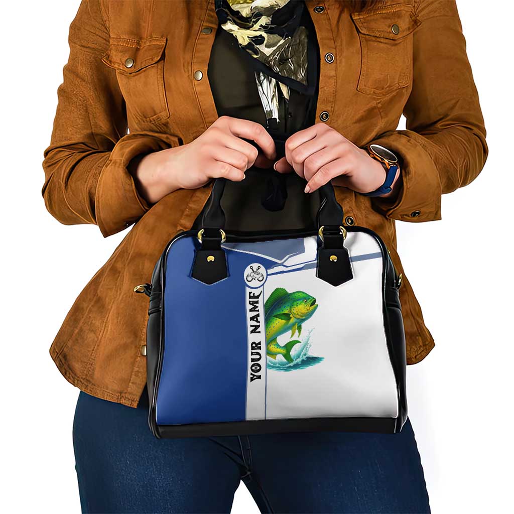 Mahi Mahi Fish Shoulder Handbag Nautical Anchors and Wave Splash on White and Blue Split Background TS04