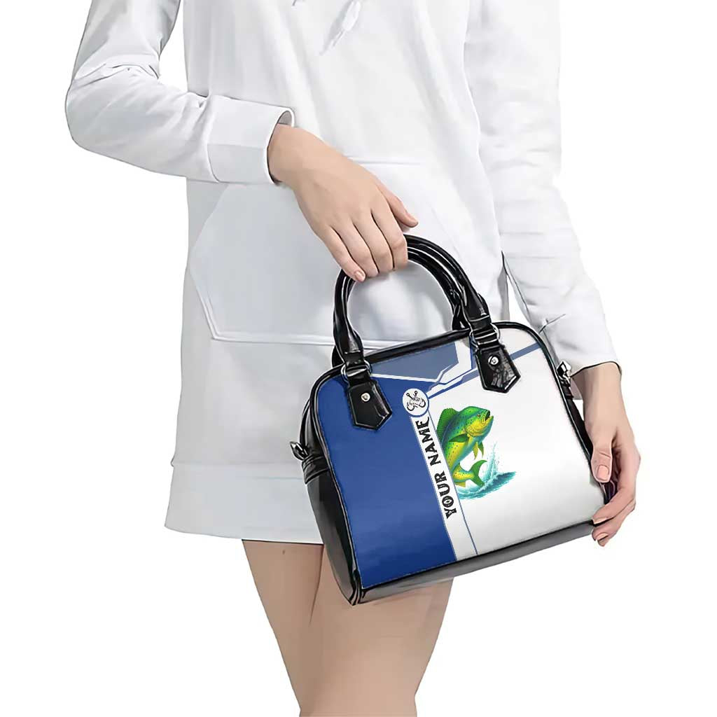 Mahi Mahi Fish Shoulder Handbag Nautical Anchors and Wave Splash on White and Blue Split Background TS04