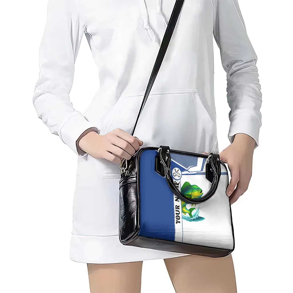 Mahi Mahi Fish Shoulder Handbag Nautical Anchors and Wave Splash on White and Blue Split Background TS04