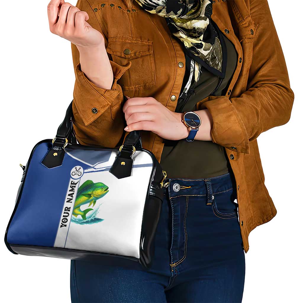 Mahi Mahi Fish Shoulder Handbag Nautical Anchors and Wave Splash on White and Blue Split Background TS04
