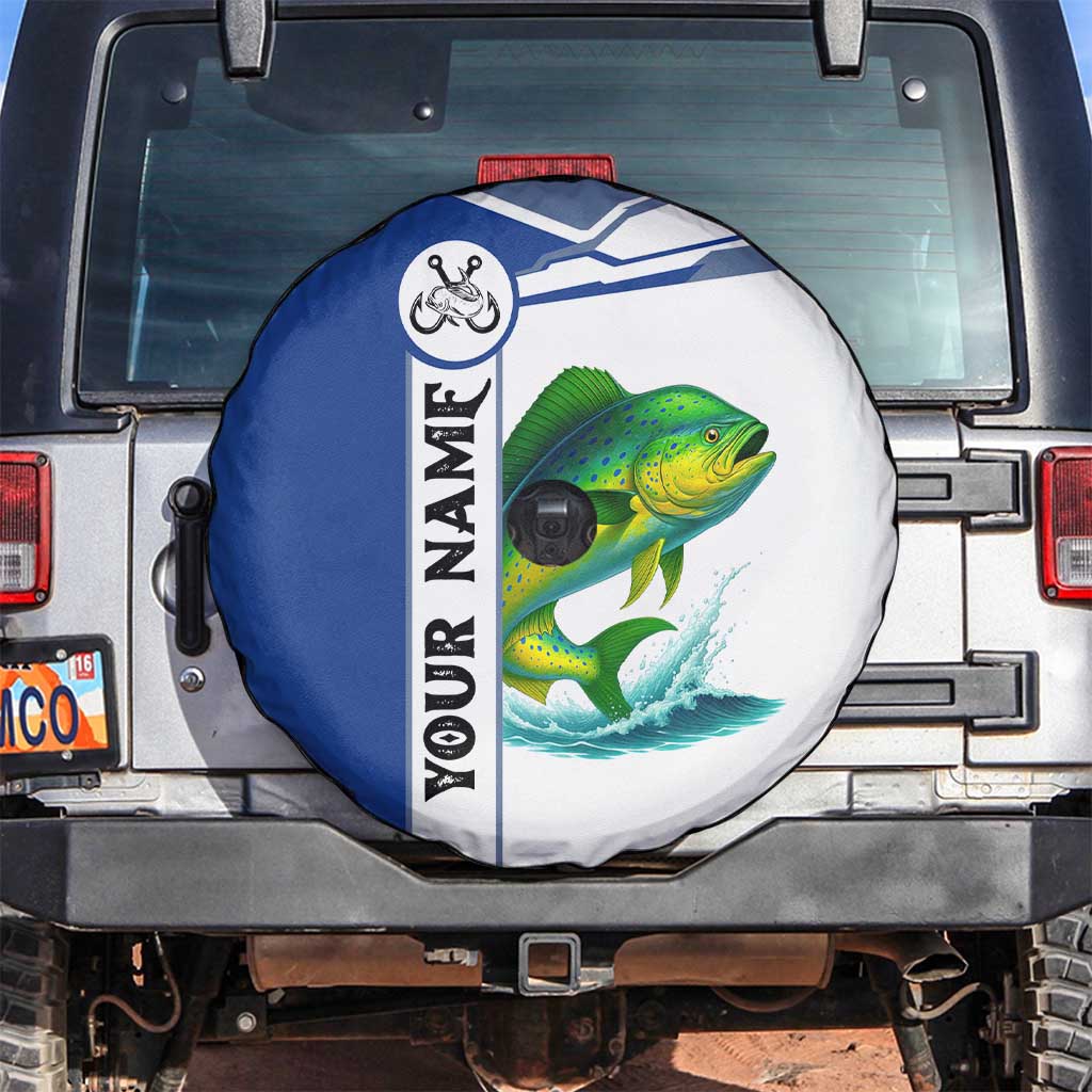 Mahi Mahi Fish Spare Tire Cover Nautical Anchors and Wave Splash on White and Blue Split Background TS04