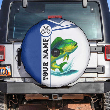Mahi Mahi Fish Spare Tire Cover Nautical Anchors and Wave Splash on White and Blue Split Background TS04