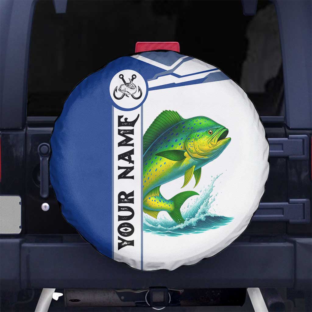 Mahi Mahi Fish Spare Tire Cover Nautical Anchors and Wave Splash on White and Blue Split Background TS04