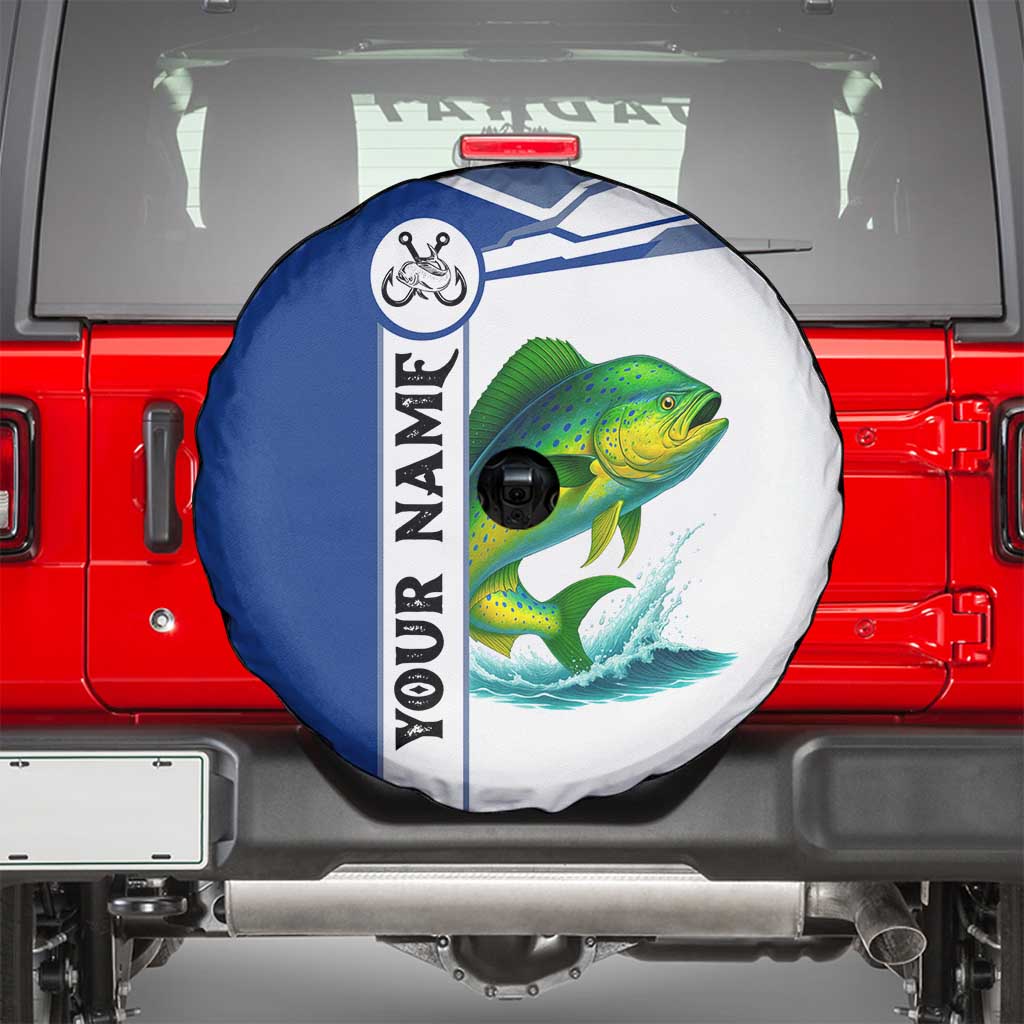 Mahi Mahi Fish Spare Tire Cover Nautical Anchors and Wave Splash on White and Blue Split Background TS04