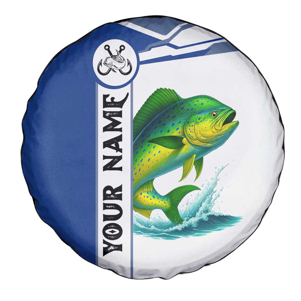 Mahi Mahi Fish Spare Tire Cover Nautical Anchors and Wave Splash on White and Blue Split Background TS04