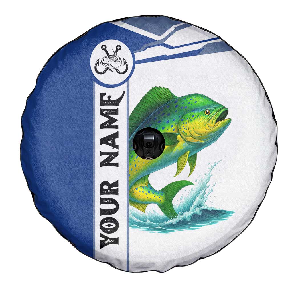 Mahi Mahi Fish Spare Tire Cover Nautical Anchors and Wave Splash on White and Blue Split Background TS04