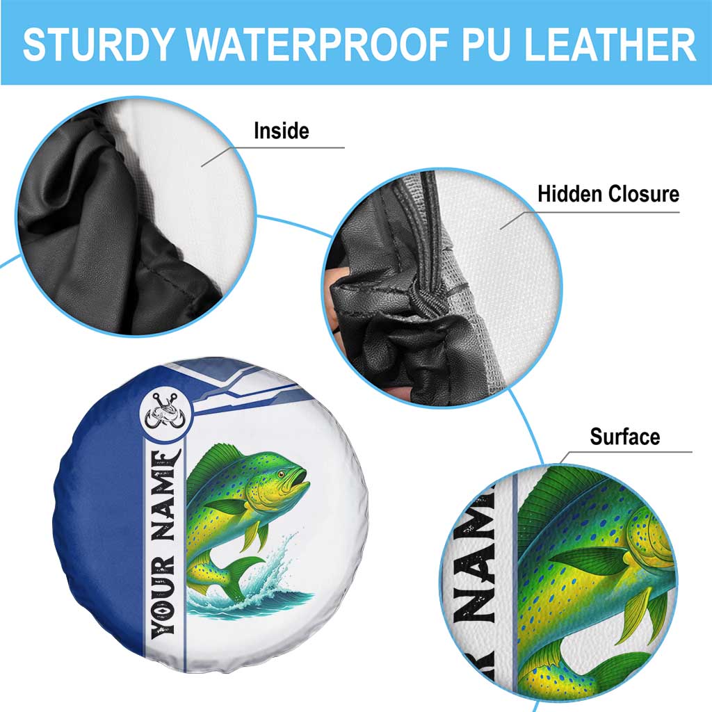 Mahi Mahi Fish Spare Tire Cover Nautical Anchors and Wave Splash on White and Blue Split Background TS04