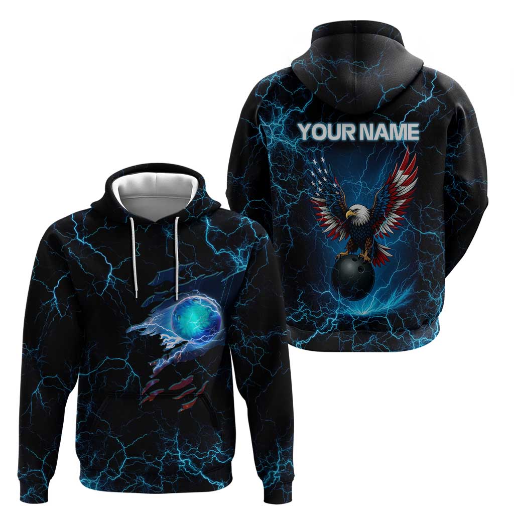 Lightning Bowling Hoodie Electric Blue Ball and American Eagle Graphic on Stormy Black Background TS04