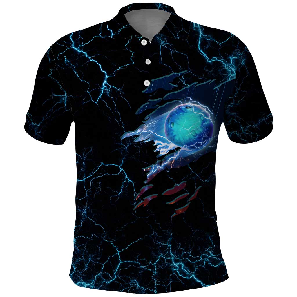 Lightning Bowling Polo Shirt Electric Blue Ball and American Eagle Graphic on Stormy Black Background TS04