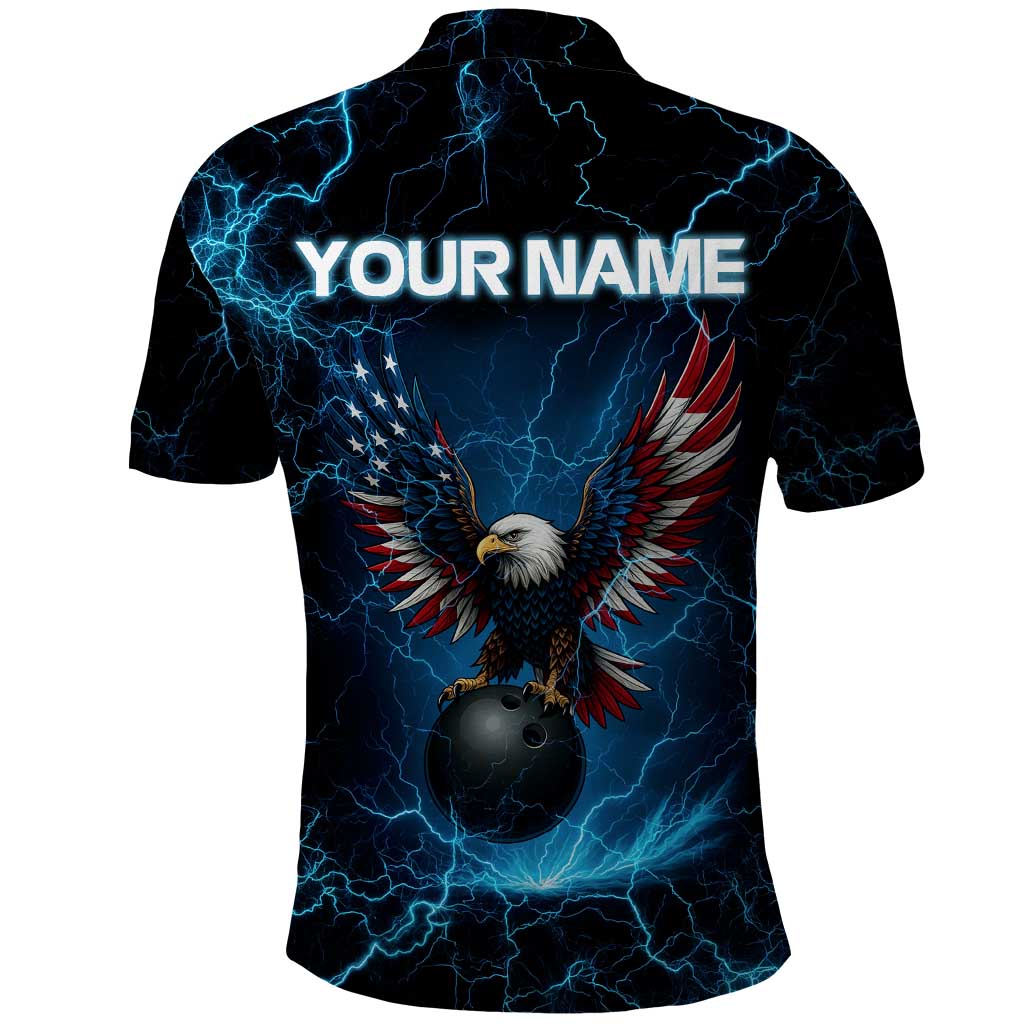 Lightning Bowling Polo Shirt Electric Blue Ball and American Eagle Graphic on Stormy Black Background TS04