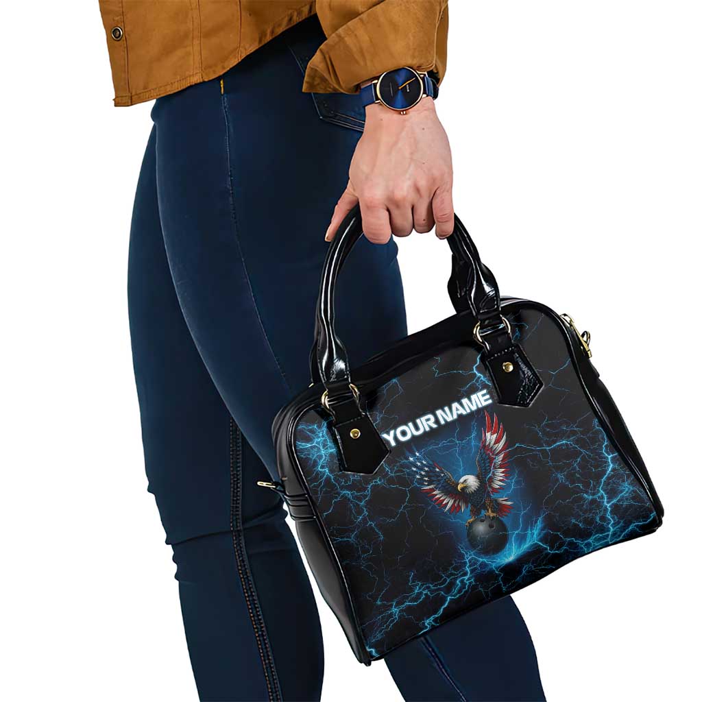 Lightning Bowling Shoulder Handbag Electric Blue Ball and American Eagle Graphic on Stormy Black Background TS04