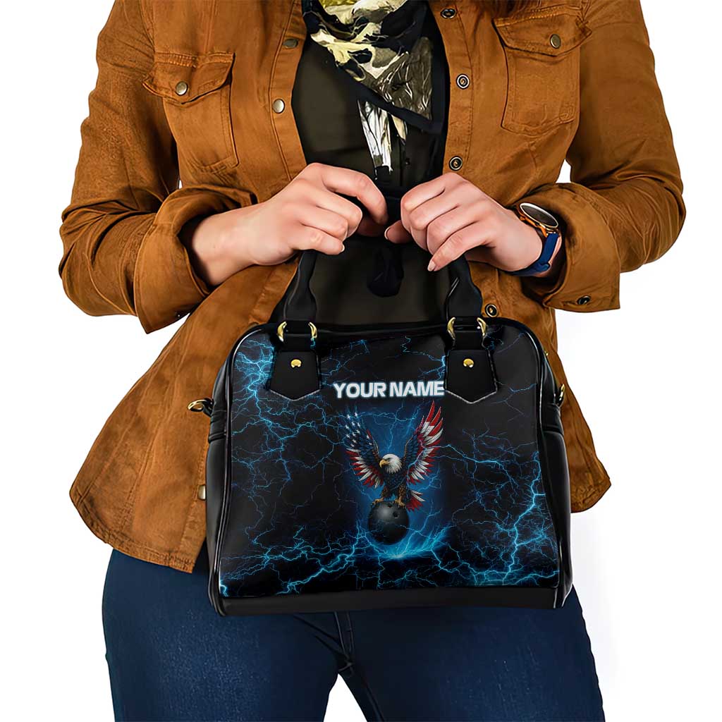 Lightning Bowling Shoulder Handbag Electric Blue Ball and American Eagle Graphic on Stormy Black Background TS04