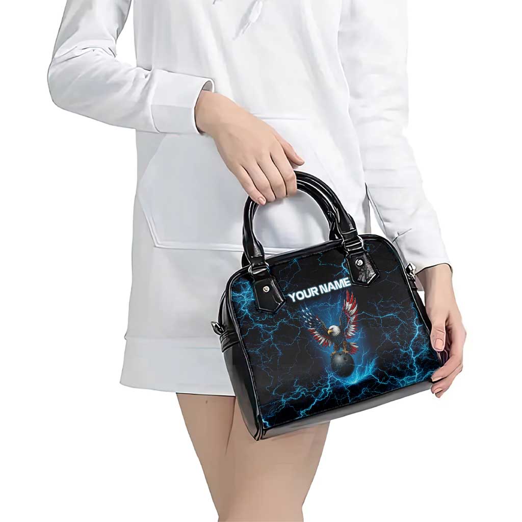 Lightning Bowling Shoulder Handbag Electric Blue Ball and American Eagle Graphic on Stormy Black Background TS04