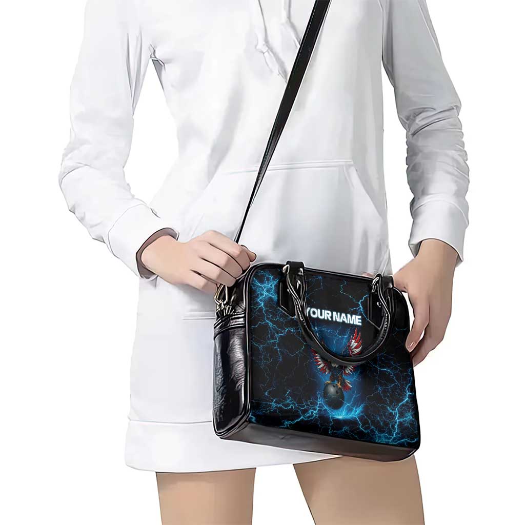 Lightning Bowling Shoulder Handbag Electric Blue Ball and American Eagle Graphic on Stormy Black Background TS04