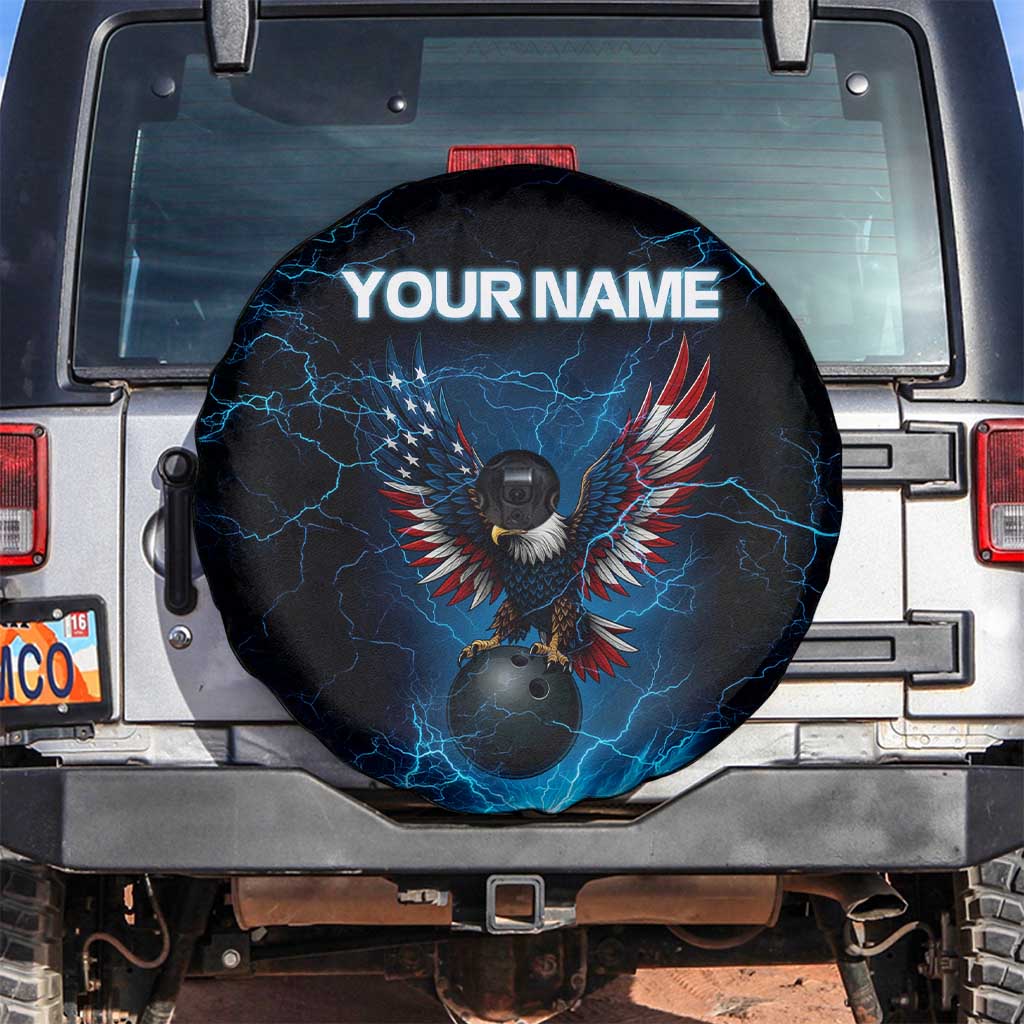 Lightning Bowling Spare Tire Cover Electric Blue Ball and American Eagle Graphic on Stormy Black Background TS04