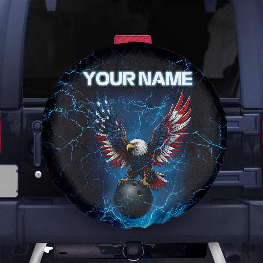 Lightning Bowling Spare Tire Cover Electric Blue Ball and American Eagle Graphic on Stormy Black Background TS04
