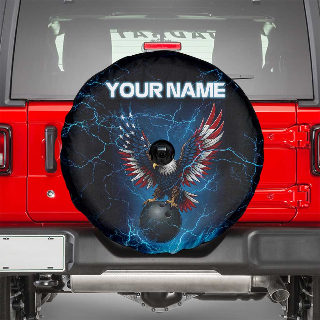 Lightning Bowling Spare Tire Cover Electric Blue Ball and American Eagle Graphic on Stormy Black Background TS04