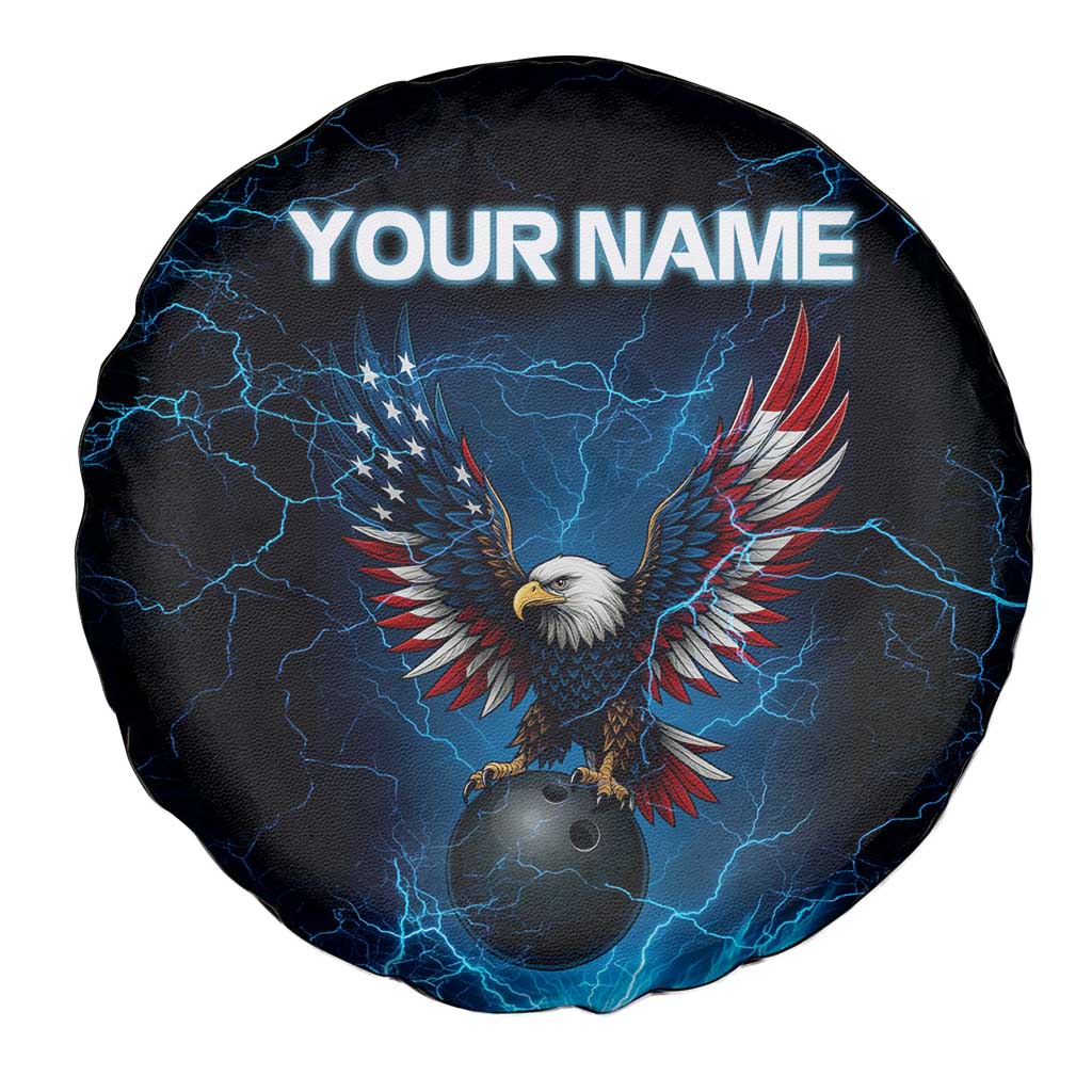Lightning Bowling Spare Tire Cover Electric Blue Ball and American Eagle Graphic on Stormy Black Background TS04