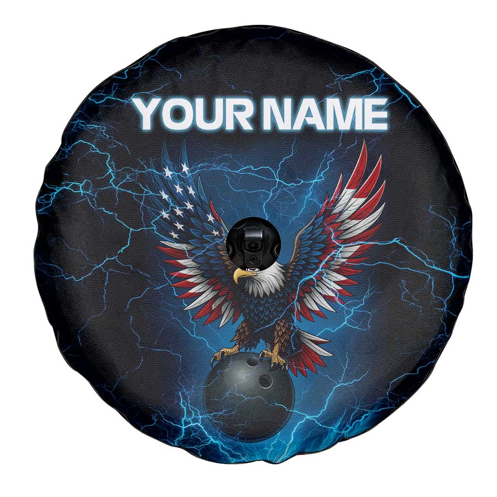 Lightning Bowling Spare Tire Cover Electric Blue Ball and American Eagle Graphic on Stormy Black Background TS04