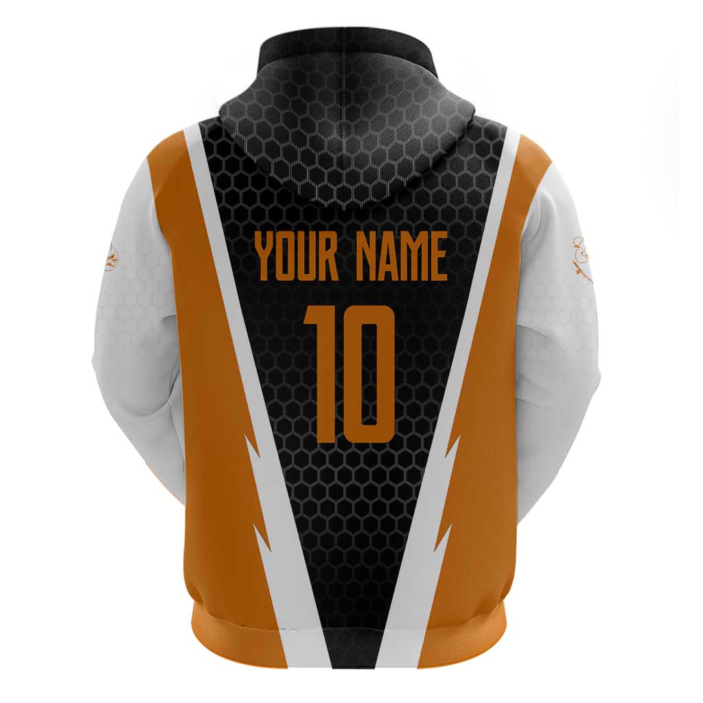 Bass Fishing Hoodie Jumping Largemouth Fish on Black Hex Pattern and Orange White Lightning Accents TS04