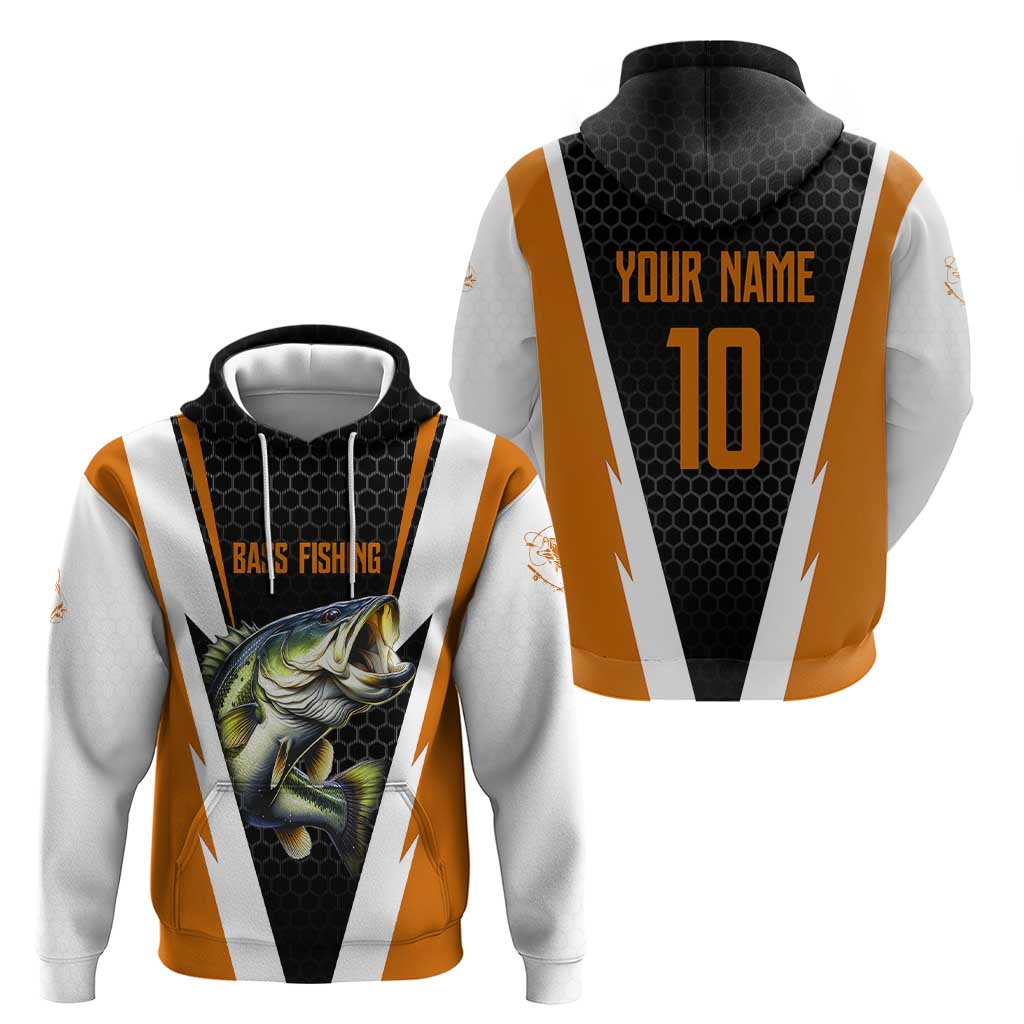 Bass Fishing Hoodie Jumping Largemouth Fish on Black Hex Pattern and Orange White Lightning Accents TS04