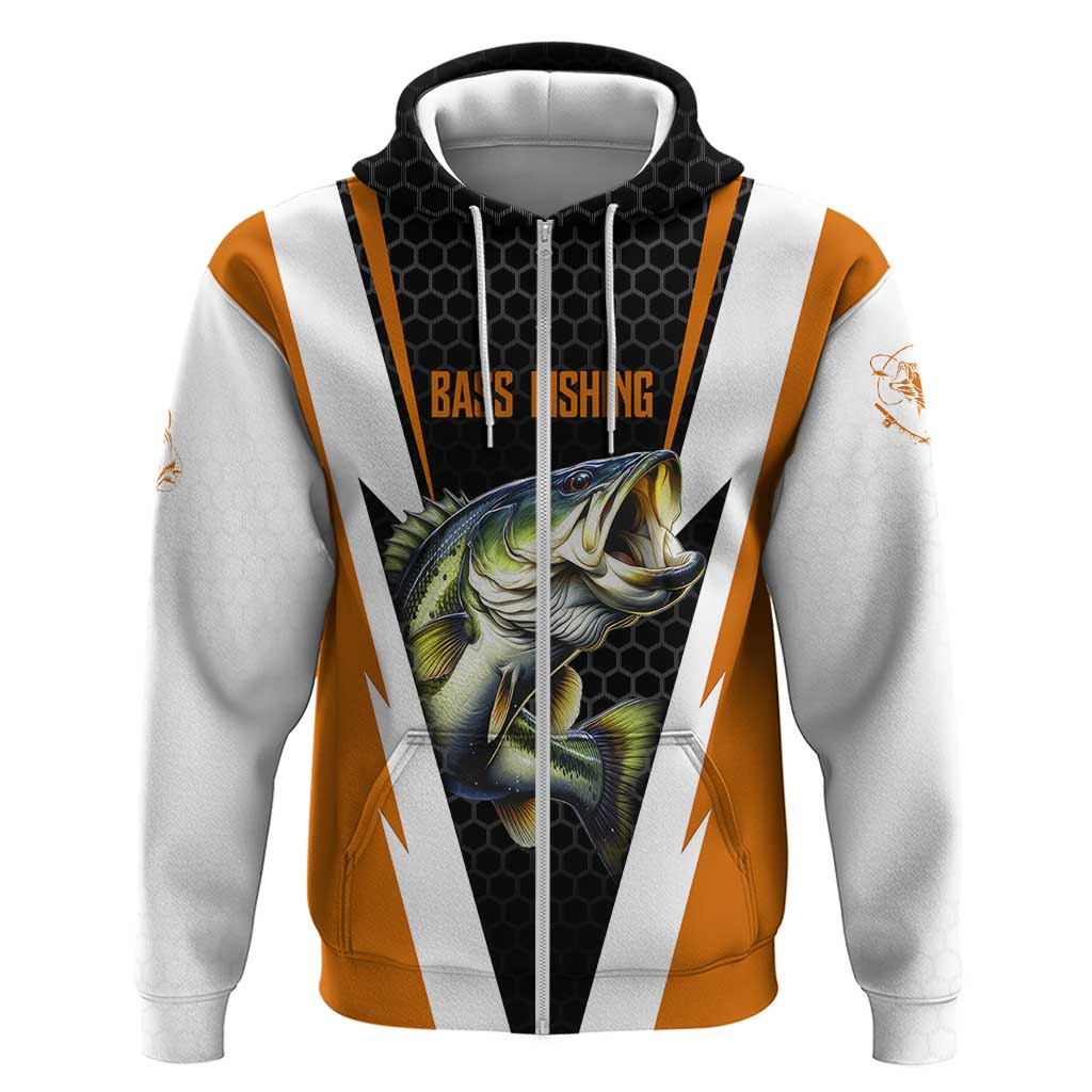 Bass Fishing Hoodie Jumping Largemouth Fish on Black Hex Pattern and Orange White Lightning Accents TS04