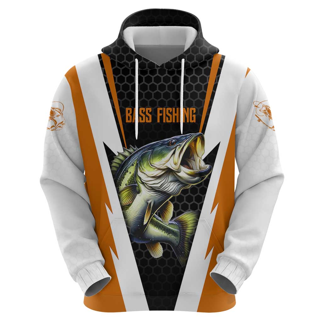 Bass Fishing Hoodie Jumping Largemouth Fish on Black Hex Pattern and Orange White Lightning Accents TS04