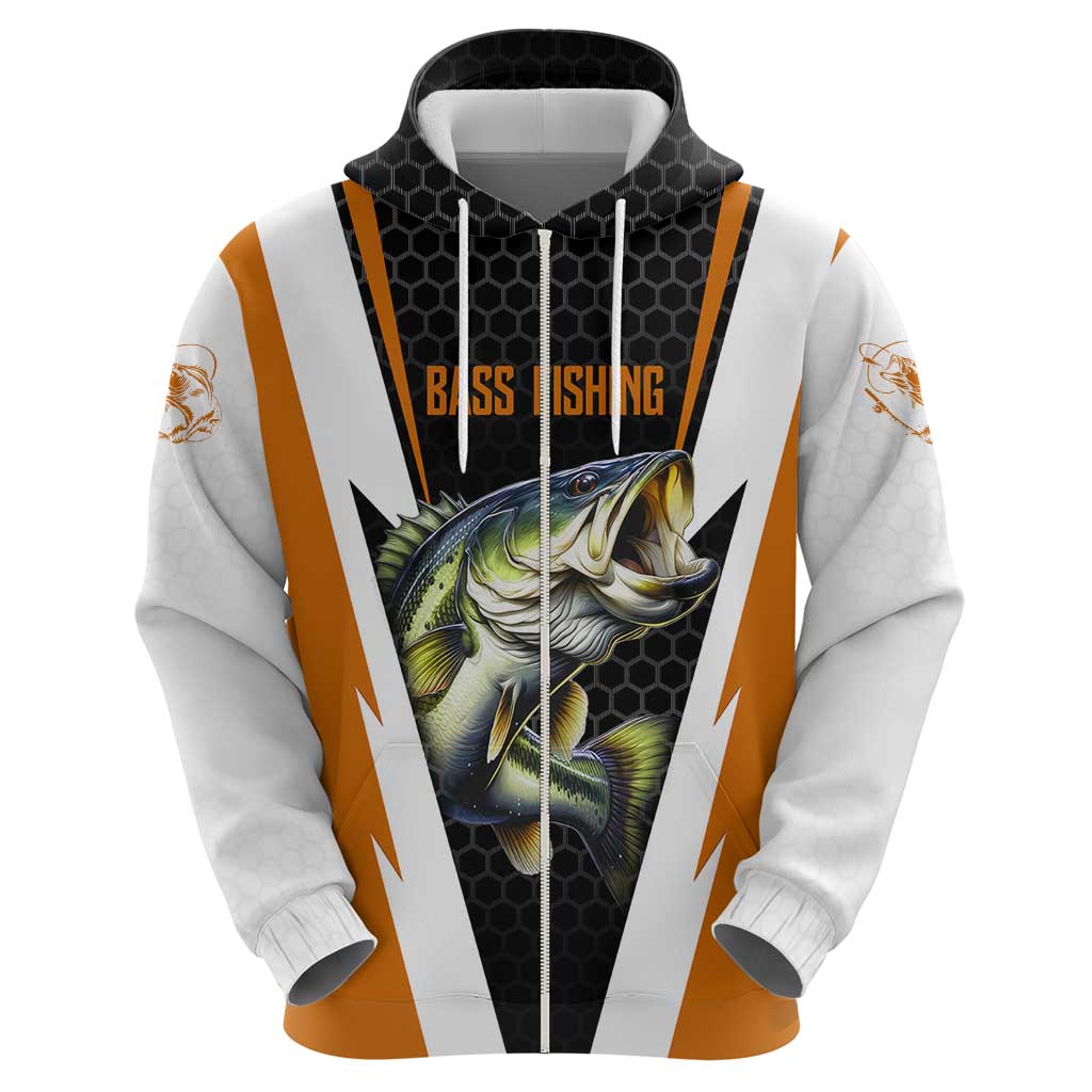 Bass Fishing Hoodie Jumping Largemouth Fish on Black Hex Pattern and Orange White Lightning Accents TS04