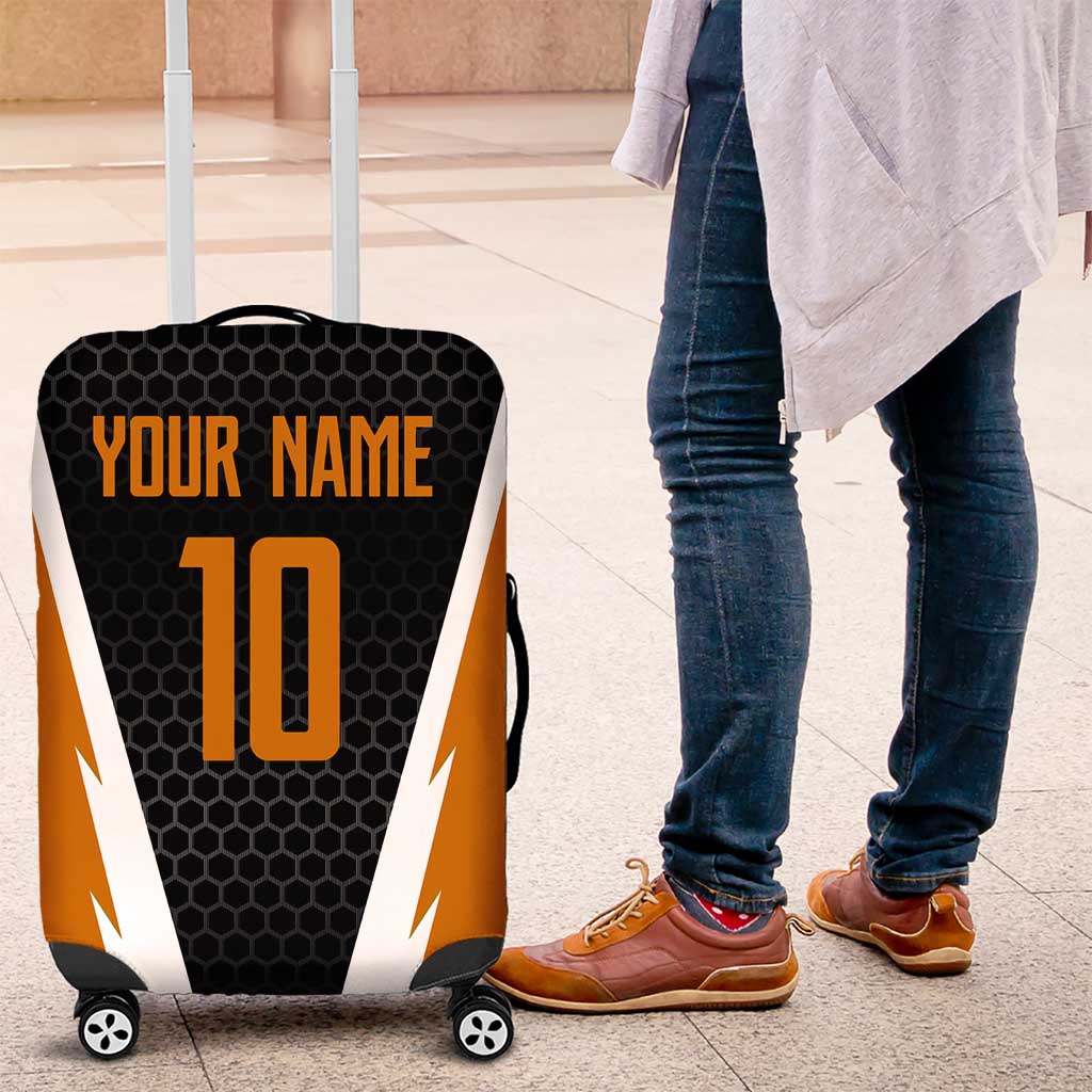 Bass Fishing Luggage Cover Jumping Largemouth Fish on Black Hex Pattern and Orange White Lightning Accents TS04