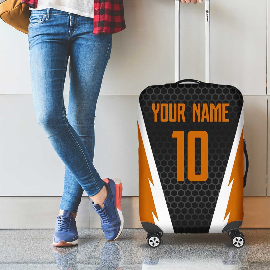 Bass Fishing Luggage Cover Jumping Largemouth Fish on Black Hex Pattern and Orange White Lightning Accents TS04